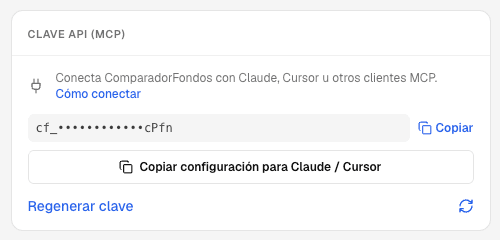 Sección Clave API (MCP) en Configuración, con la clave generada y el botón Copiar configuración